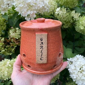 May include: A speckled orange ceramic garlic keeper with a lid and small holes for ventilation. A rectangular tag on the front reads "GARLIC" in vertical, dark brown letters. The keeper is held in front of a backdrop of white and green flowers.