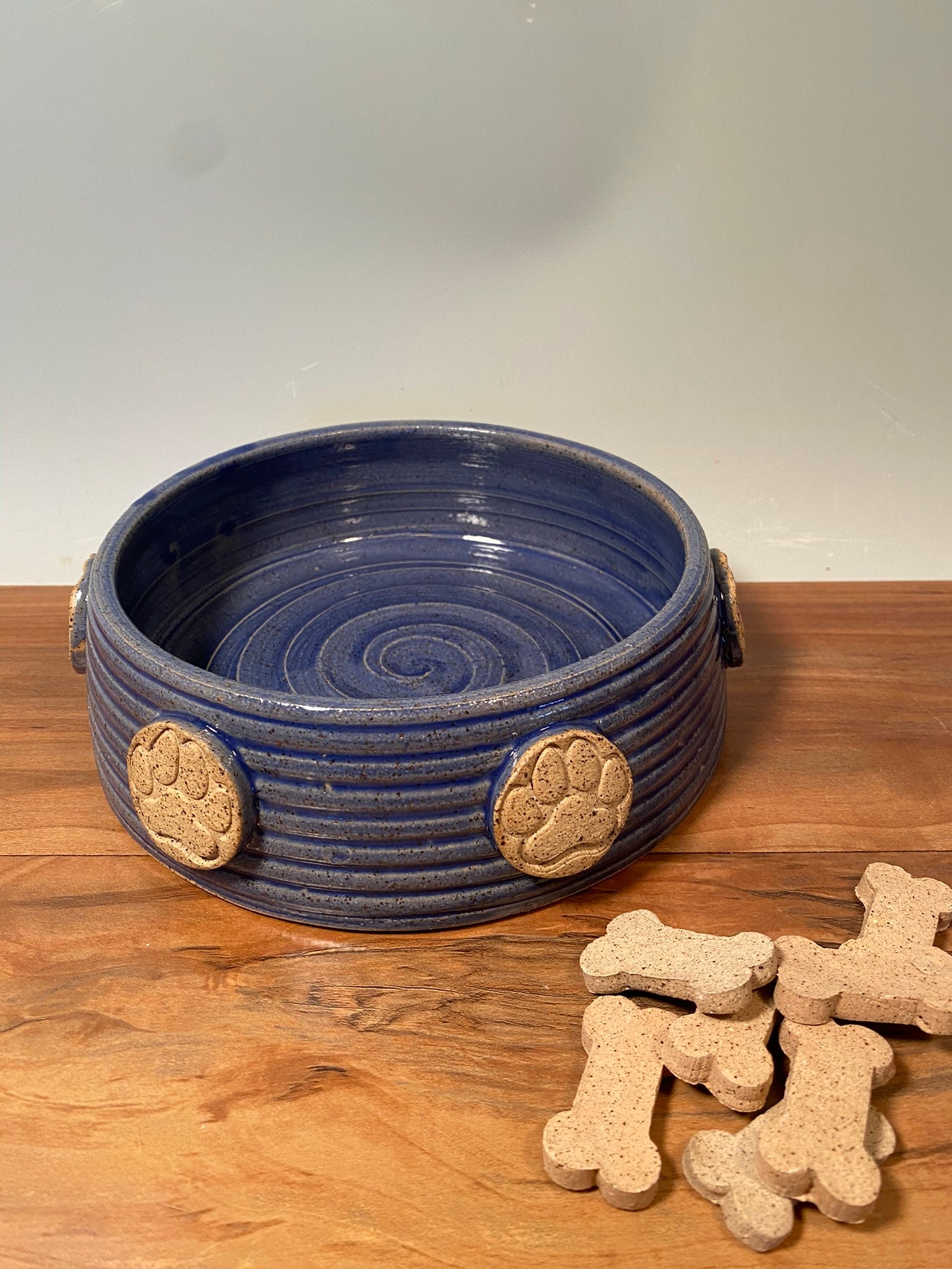 Cobalt Blue Pottery Dog Bowl: Paw Print Ceramic Pet Dish - Etsy