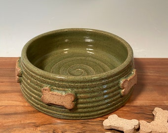 Medium Pet dish -dog bowl with dog bones- Avocado green  Pottery dog bowl - Ceramic pet bowl - farmhouse style - stoneware - pets - feeding