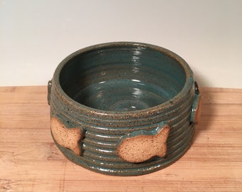 Small Cat dish - One Pottery pet Bowl - Fish  Pattern - Aqua turquoise  Pottery Bowl - ceramics - pottery - stoneware - pets - feeding