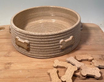 Large Pet dish -ready to ship - dog bones- Ivory -White Pottery dog bowl - Ceramic pet bowl - farmhouse style - stoneware - pets - feeding