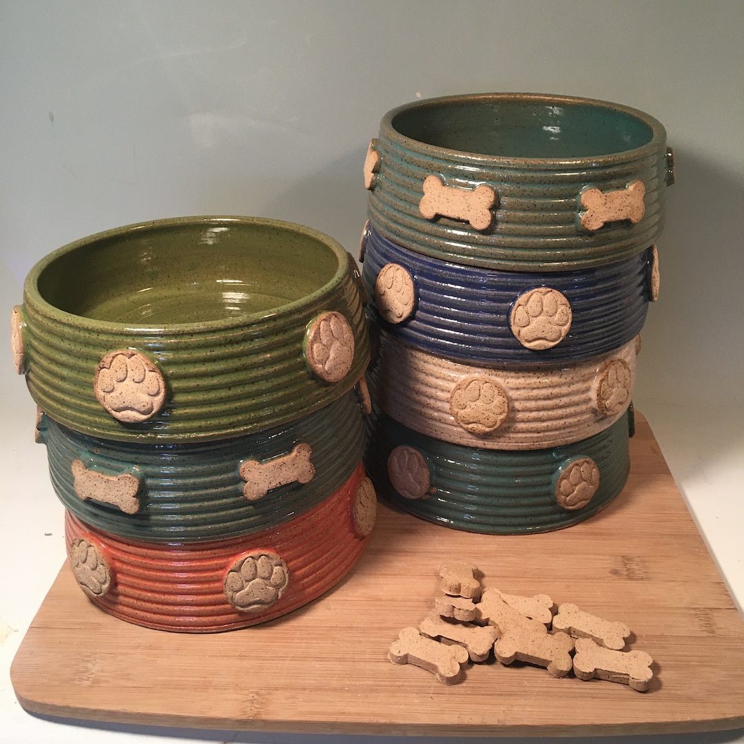 Custom Stoneware Dog Bowl: Medium Pottery Pet Dish, Paw Print or Bone ...