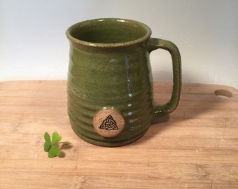 Celtic Trinity Knot Coffee Mug-avocado green-16 oz-ready to ship -Irish Stamp image -modern mug -Made To Order-ceramics -pottery - stoneware