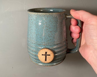 Cross Coffee Mug: Handmade Stoneware Pottery, 16 ozEaster