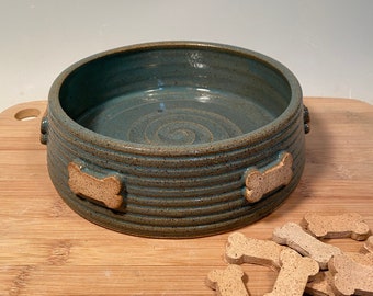 Large Pet dish -ready to ship - dog bones- Turquoise Aqua Pottery dog bowl - Ceramic pet bowl - farmhouse style - stoneware - pets - feeding