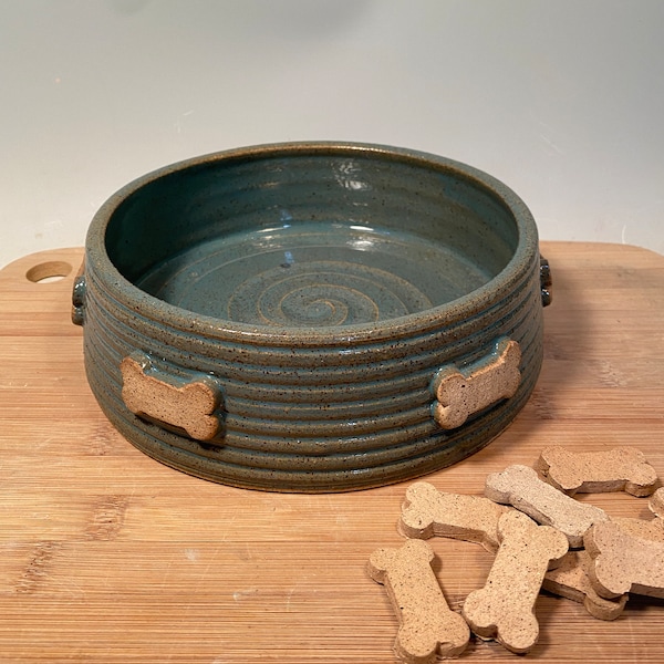 Large Pet dish -ready to ship - dog bones- Turquoise Aqua Pottery dog bowl - Ceramic pet bowl - farmhouse style - stoneware - pets - feeding