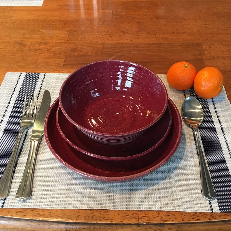 Ceramic Dinner Plate Salad Plate and Soup Bowl- ceramics pottery Ruby Red Custom pottery Dinner Ware Place Setting stoneware