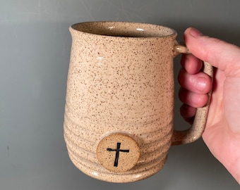 Cross Coffee Mug-avocado green-16 oz-ready to ship -christian Stamp image -religious gift idea -Made To Order-ceramics -pottery - stoneware