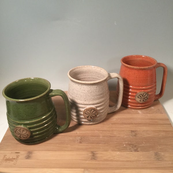 Shamrock Coffee Mug - Custom Made -16 oz -Choose color -Irish stamp image -modern coffee mug - Made To Order- ceramics - pottery - stoneware