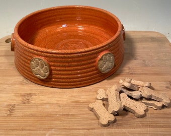 Large Pet dish - large bowl with paw prints- Coral Orange Pottery dog bowl - Ceramic pet bowl - farmhouse style - stoneware - pets - feeding