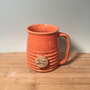 Bird Coffee Mug -Coral orange  -16 oz -Ready to ship -Bird lover stamp-modern coffee mug - Made To Order- ceramics - pottery - stoneware