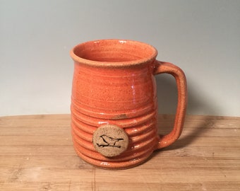 Bird Coffee Mug -Coral orange  -16 oz -Ready to ship -Bird lover stamp-modern coffee mug - Made To Order- ceramics - pottery - stoneware