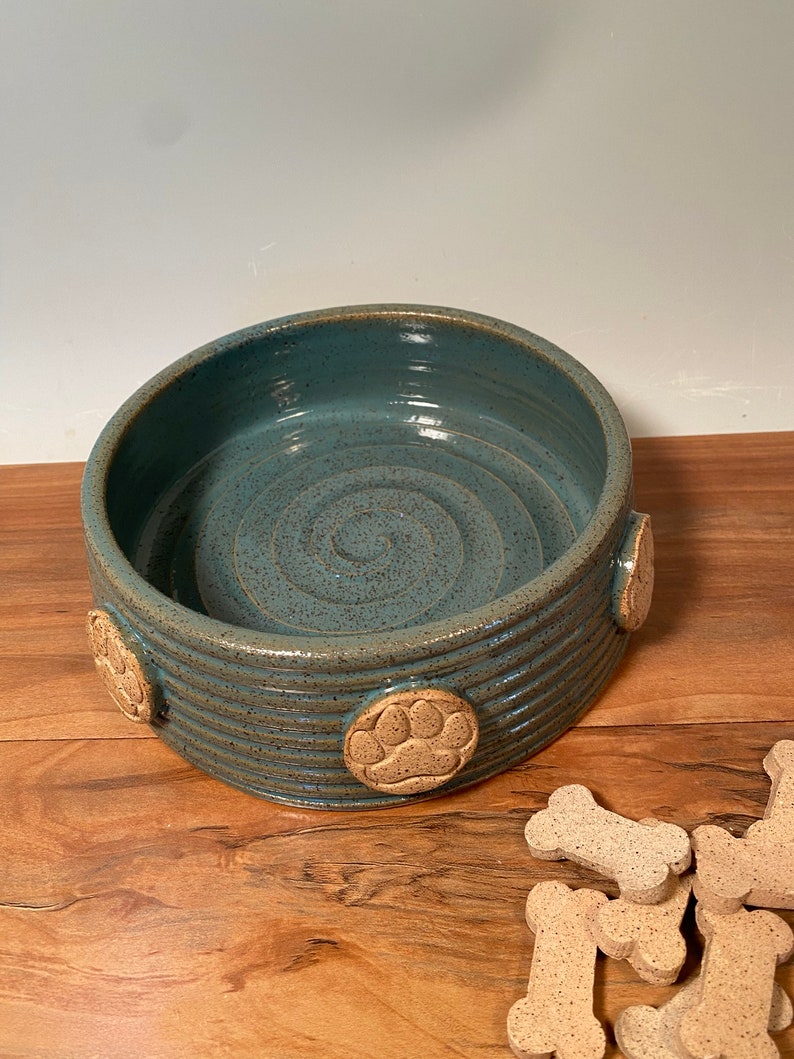 Medium Pet Dish -dog Bowl With Paw Prints- Aqua Turquoise Pottery Dog ...