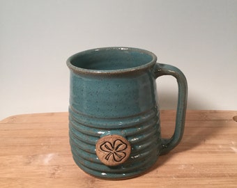 Shamrock Coffee Mug -Aqua turquoise -16 oz -Ready to ship -Irish stamp  -modern coffee mug - Made To Order- ceramics - pottery - stoneware