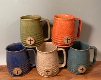 Cross Coffee Mug -Custom Made -16 oz -Choose color -religious christian Stamp image -modern mug -Made To Order-ceramics -pottery - stoneware