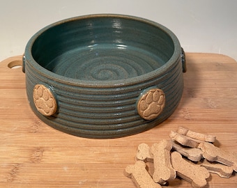 Large Pet dish -large bowl with Paw Prints- Aqua Turquoise Pottery dog bowl -Ceramic pet bowl - farmhouse style - stoneware - pets - feeding