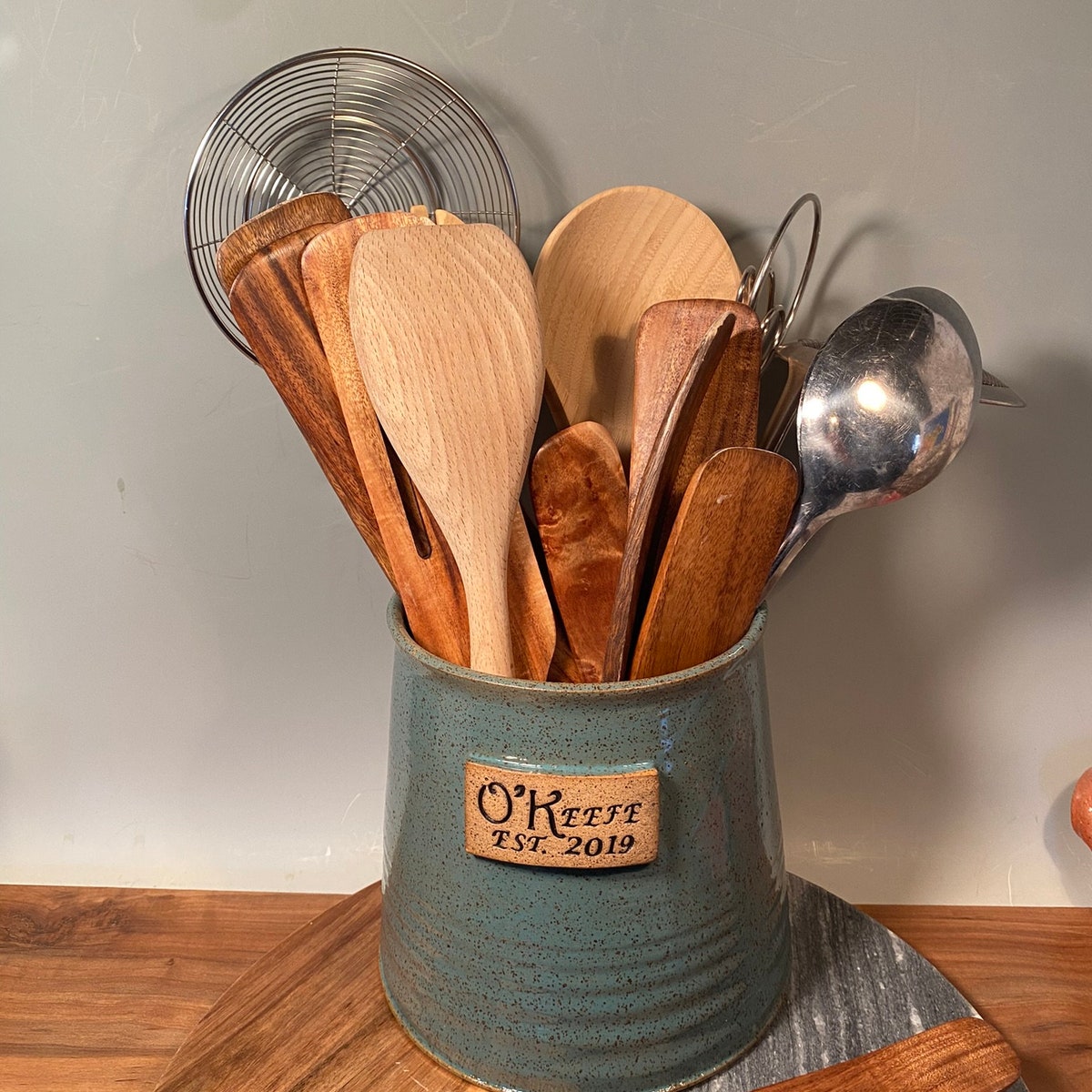 Personalized Pottery Utensil Holder: Stoneware Kitchen Crock, Wine Chiller