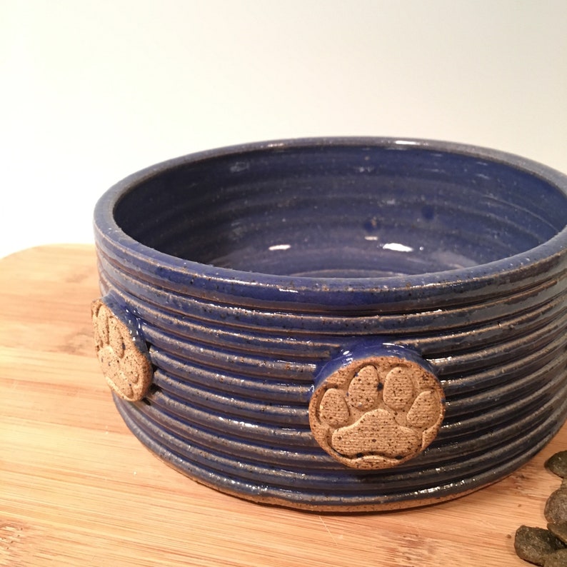 Medium Pet dish stoneware farmhouse style feeding Ceramic pet bowl dog bowl with Paw prints- Cobalt blue Pottery dog bowl pets