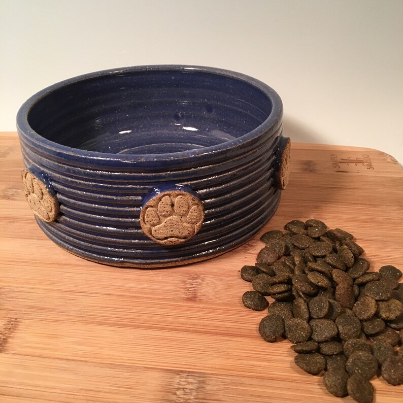 Medium Pet dish stoneware farmhouse style feeding Ceramic pet bowl dog bowl with Paw prints- Cobalt blue Pottery dog bowl pets