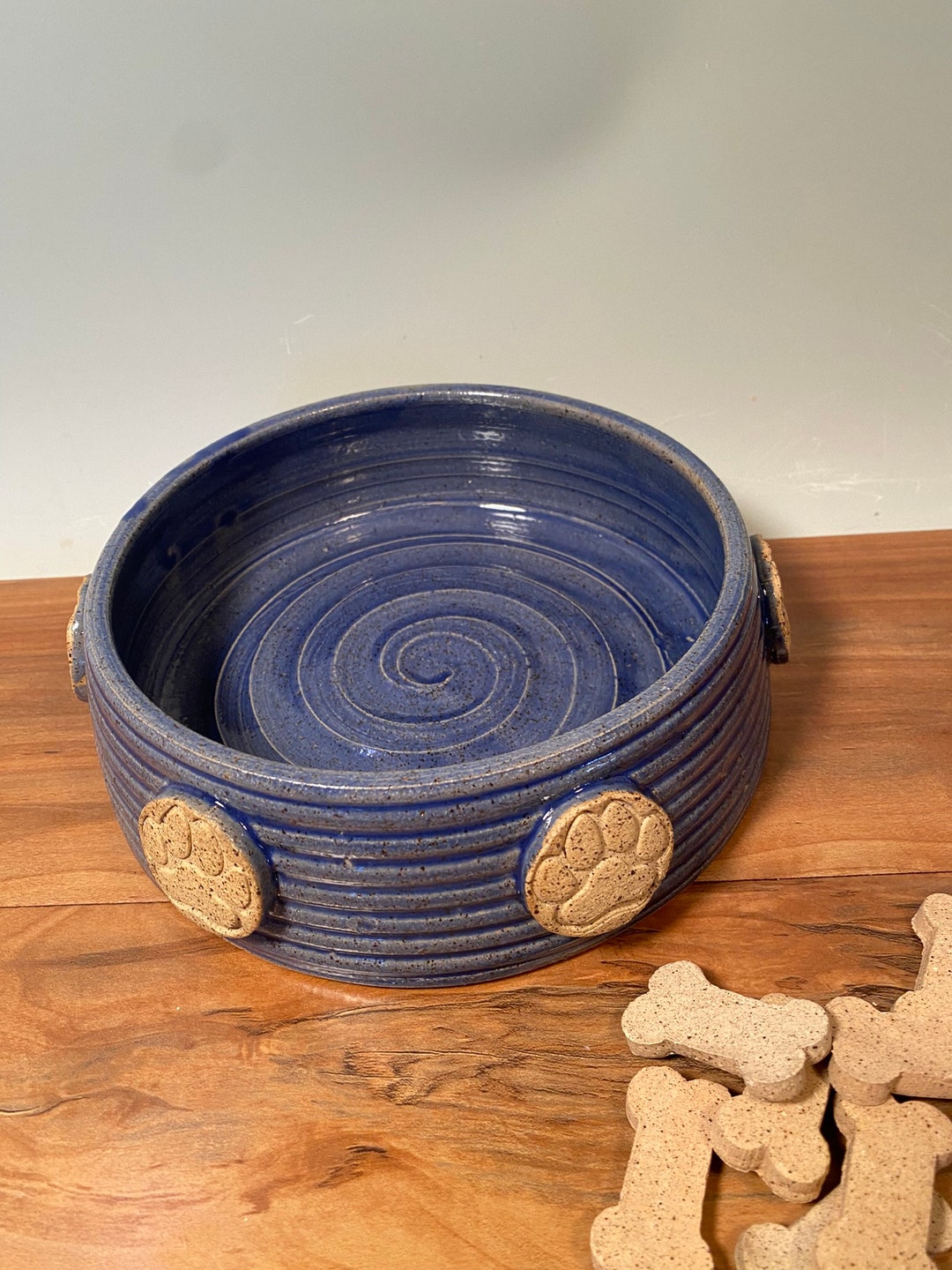 Cobalt Blue Pottery Dog Bowl: Paw Print Ceramic Pet Dish - Etsy