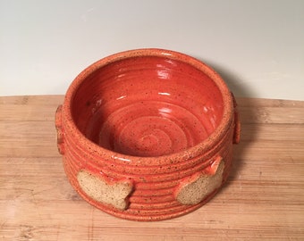 Small Cat dish - One Pottery pet Bowl - Fish  Pattern -coral orange  Pottery Bowl - ceramics - pottery - stoneware - pets - feeding