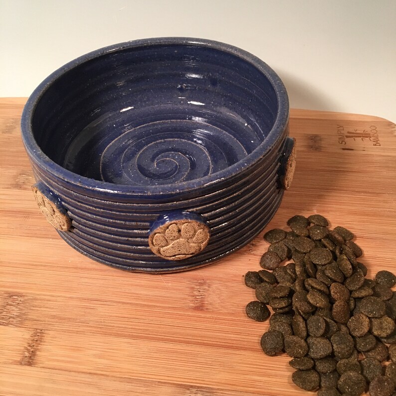 Medium Pet dish stoneware farmhouse style feeding Ceramic pet bowl dog bowl with Paw prints- Cobalt blue Pottery dog bowl pets