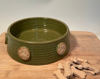 Large Pet dish -large bowl with Paw Prints- Avocado green Pottery dog bowl -Ceramic pet bowl - farmhouse style - stoneware - pets - feeding