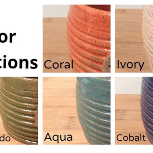 May include: Color options for a ceramic planter: coral, ivory, avocado, aqua, and cobalt. Each planter has a ribbed design and a speckled glaze.
