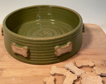 Large Pet dish - large bowl with dog bones- Avocado Green Pottery dog bowl - Ceramic pet bowl - farmhouse style - stoneware - pets - feeding