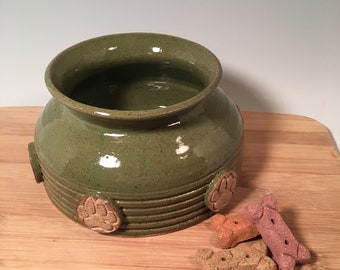 Long Ear Dog Water Bowl: Avocado Green Pottery, Paw Print Stoneware