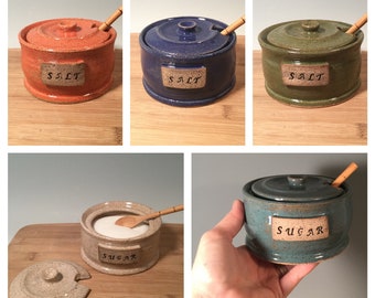 Made To Order - Custom Salt Cellar -Salt Jar - with Wooden Spoon -Kitchen Salt Storage -modern ceramics -farmhouse style Choose your Color