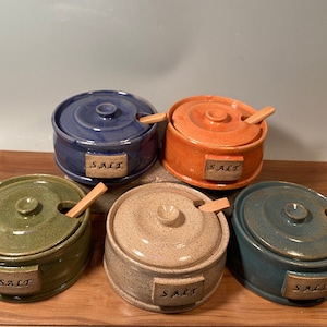 Custom Stoneware Salt Cellar with Wooden Spoon - Farmhouse Kitchen Storage