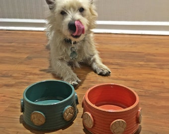 ONE Small Dog or Cat Food or Water Bowl - One Custom Order Bowl with dog bone or paw print pattern - ceramics - pottery - pets - feeding