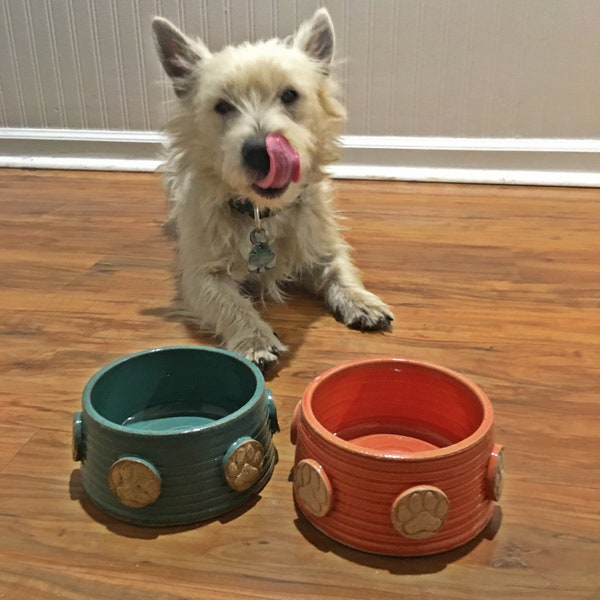 ONE Small Dog or Cat Food or Water Bowl - One Custom Order Bowl with dog bone or paw print pattern - ceramics - pottery - pets - feeding