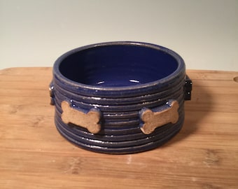 Small Cat  Dog dish - One Pottery pet Bowl - Dog Bone Pattern - Cobalt Blue Pottery Bowl - ceramics - pottery - stoneware - pets - feeding