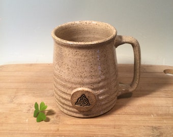 Celtic Trinity Knot Coffee Mug-avocado green-16 oz-ready to ship -Irish Stamp image -modern mug -Made To Order-ceramics -pottery - stoneware