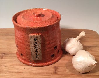Garlic Jar - Lidded Pottery Jar -Garlic Keeper -Kitchen Storage -Coral Burnt Orange ceramic - farmhouse style -Ceramics - Pottery -Stoneware