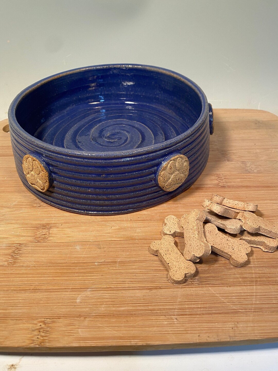 Large Pet Dish Large Bowl With Paw Prints Cobalt Blue Pottery Dog Bowl