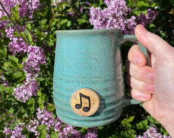 Music Note Coffee Mug: custom made Handmade Stoneware Pottery, music Stamp (16 oz)