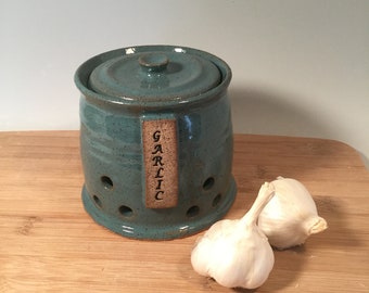 Pot d’ail - Pot de poterie à couvercle - Gardien d’ail - Rangement de cuisine - Céramique Aqua Turquoise - Style ferme - Céramique - Poterie -Grès