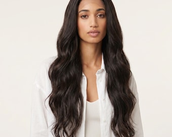 Peluca larga ondulada con encaje frontal y raya natural