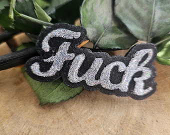 Glittery resin "Fuck" alligator clip, feminist-themed pin/brooch, accessory for jackets, fanny packs, tote bags, and other accessories; original activist gift