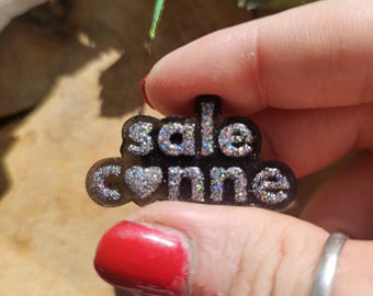 Feminist Resin Brooch with Sequins — Provocative "Dirty Bitch" / "Feminist" — Handmade, Rebellious & Girly Jewelry — Gift for the Activist Woman