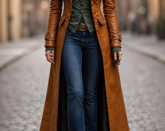 May include: A long tan leather trench coat worn over a dark green button-up shirt and blue denim jeans. The coat features a double-breasted front, notched lapels, and buckled straps on the cuffs. A brown leather belt with a metal buckle is worn.
