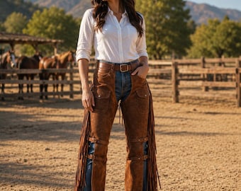 Women's Genuine Leather Western Chaps | Fringe Rodeo Cowgirl Motorcycle Outfit