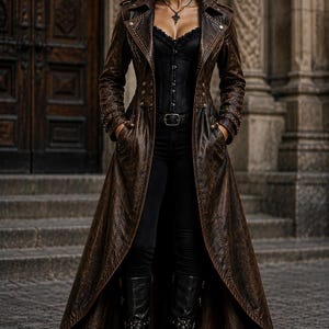 May include: A long, distressed brown leather trench coat with a wide collar, lapels, and metallic stud detailing on the cuffs and front. The coat is worn over a black lace-up corset, black trousers, and black leather boots with metallic accents.