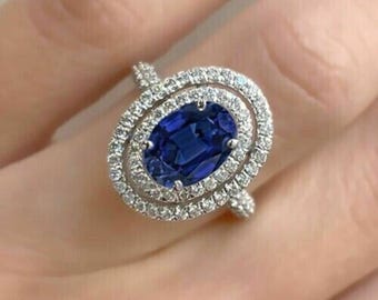 925 Sterling Silber Oval Blauer Edelstein Doppel Halo Verlobungsring 9 x 7 MM