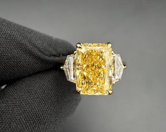 Drei Stein Verlobungsring, Kanariengelb Strahlenschnitt 10 x 7 MM, 14K Gelbgold Plattiert