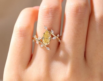 Kanariengelber Verlobungsring, Marquiseschliff, 14K Roségold, Blattdesign, 10 x 5 MM