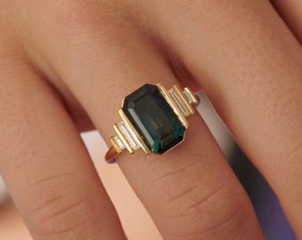 Grüner Smaragdschliff Halber Bezelring 10 x 7 MM, Verlobungsring, 14K Roségold überzogen